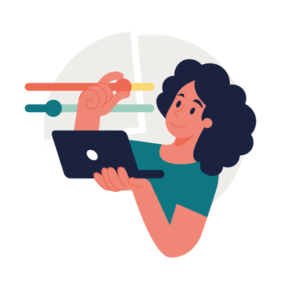 Illustration av person som arbetar på laptop med diagram i bakgrunden