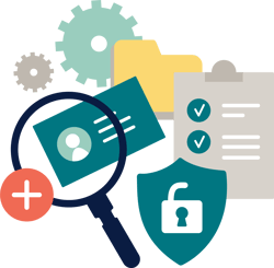 Ikoner för identitetsstyrning: användarprofil, mapp, checklista, lås och kugghjul.