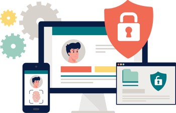 Illustration av enheter skyddade av ett sköld- och låsikon som representerar privilegierad åtkomst